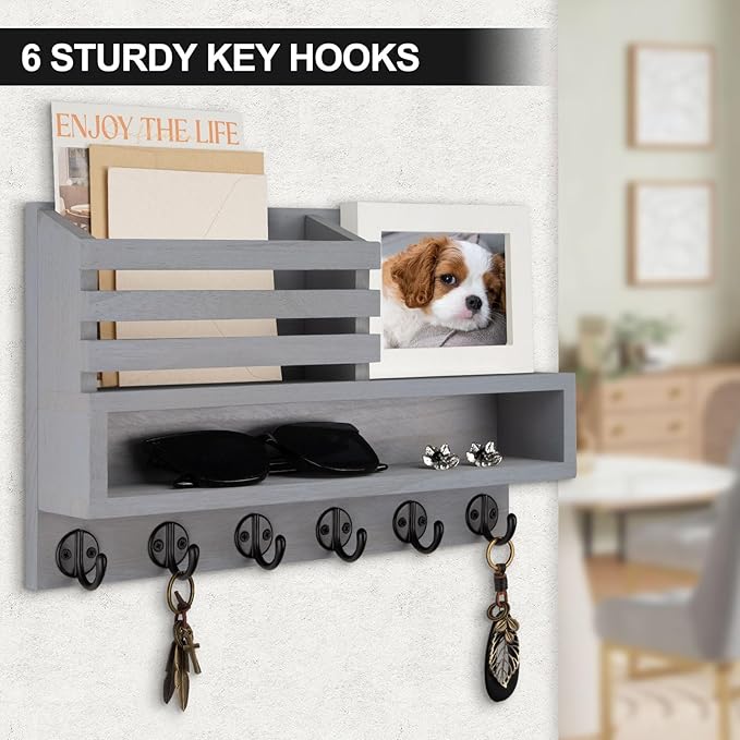 Lucundm Key and Mail Holder Wall Mount, Key Hanger with Long Storage Box and Key Hooks for Coat, Dog Leash, Home Decor Rack, House Accessories, Entry Way Organizer