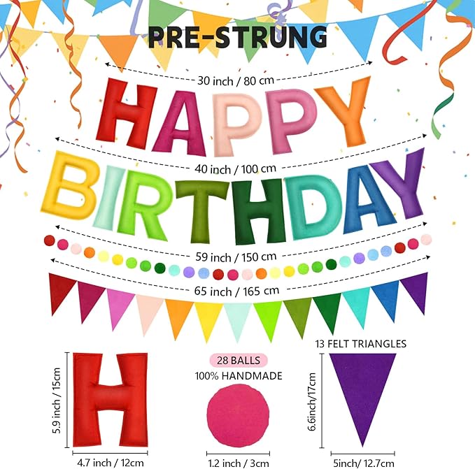 Pre-Strung Happy Birthday Banner - Rainbow Birthday Decorations, 3PCS Felt Birthday Day Sign,Ball Garland,Triangle Bunting,Reusable Colorful Banner for Party Decor Girls Boys Kids Women Men