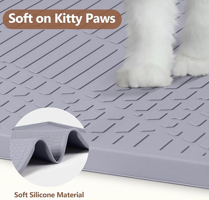 Bartuke Large Cat Litter Mat with Toy Ball, 38'' x 25'' Silicone Cat Litter Trapping Mat for Scatter Control, Soft on Kitty Paws, Easy to Clean (Light Grey)