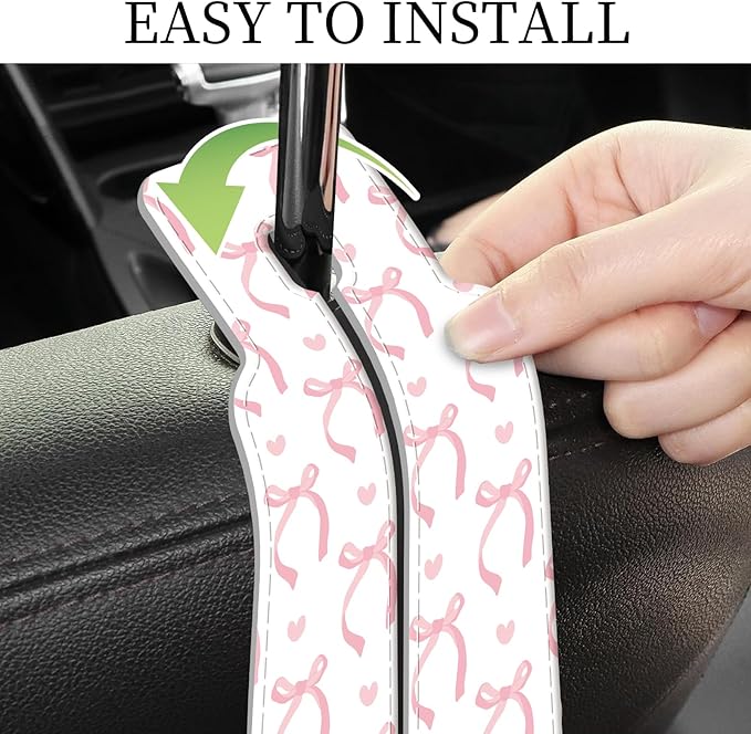 PU Leather Car Seat Hook, Storage Headrest Hanger, Cute Car Backseat Organizer, Car Hooks For Purses and Bags Cute Pink Bow