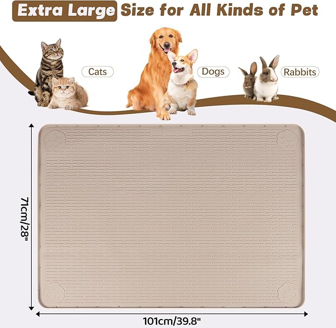 Bartuke Cat Food Mat, 40" x 28" Extra Large Silicone Pet Feeding Mat with Raised Edge Pet Placemat for Food and Water Bowl Non-Slip, Easy to Clean, Floor Protection (Khaki)