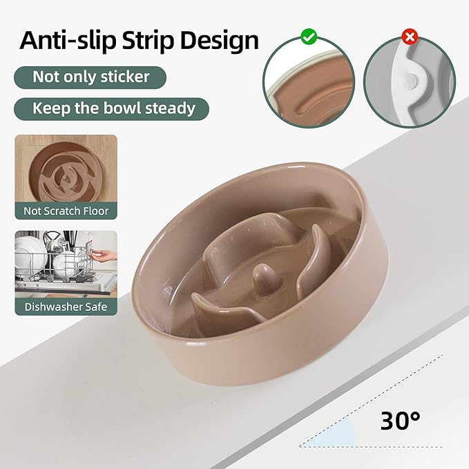 Ceramic 0.9 Cup Raised Dog Slow Feeder Set, Elevated Bowl with Wooden Stand for Small Dog and Cat, 6.1inch Puzzle Slow Dog Food Dish, Preventing Choking(Brown Coffee, Single Bowl+ Stand)