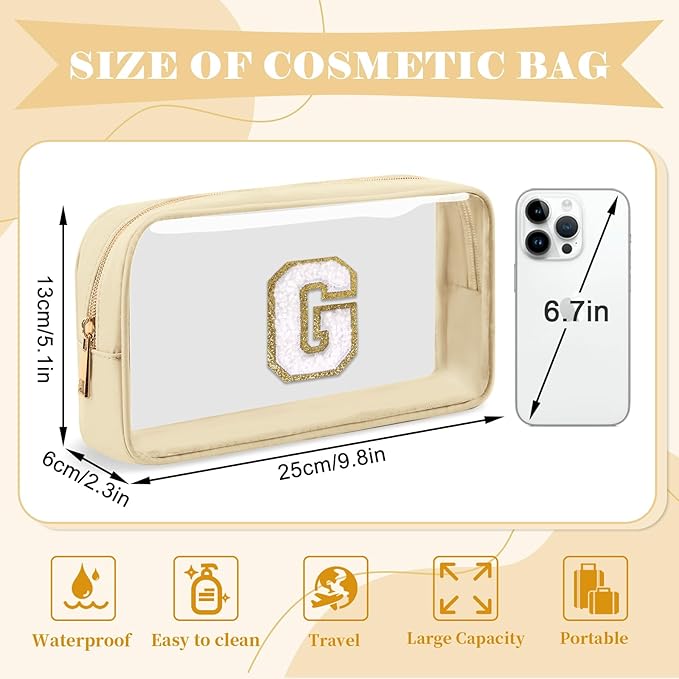 Personalized Initial Letter Clear Makeup Bag,Preppy Small Nylon&PVC Cosmetic Zipper Bag with Chenille Letter,Portable Beach Travel Skincare Toiletry Bag,Trendy Monogram Gift for Teen Girls Women,G