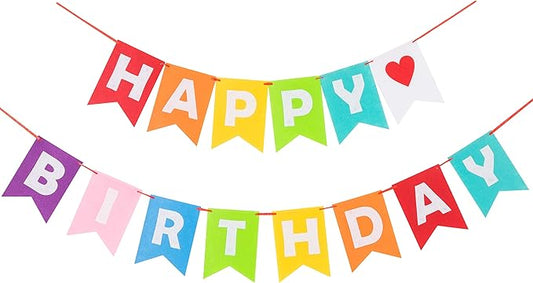 LOVENJOY Pre-strung Assembled Happy Birthday Banner Rainbow Bunting Decorations, Durable Felt Fabric Reusable