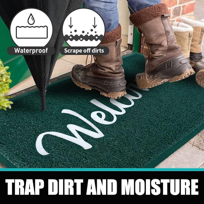 T.HENV Welcome Mat Outdoor Indoor, 32x20 100% Waterproof Front Door Mat Outside Entrance, All-Weather Quick Dry Doormat, Low Profile Patio Proch Entryway Mat, Non Slip, Easy Clean, Green-White