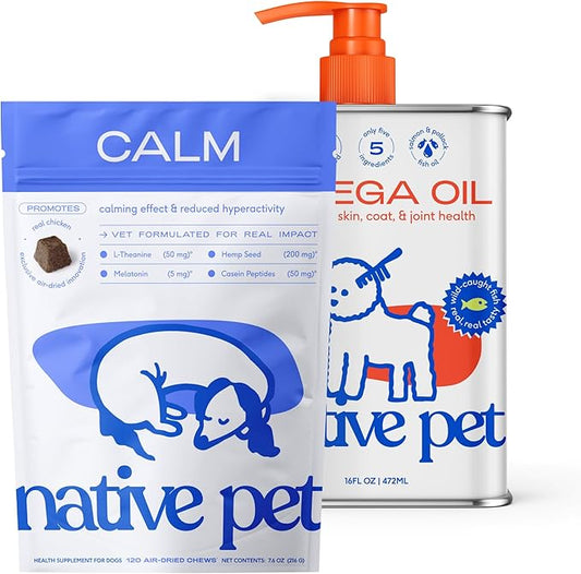Native Pet Calm & Comfort Bundle: Dog Calming Chews (120 Air-Dried Chews) & Omega 3 Fish Oil (16 Oz.) - Natural Anxiety Relief with Melatonin & Fast-Absorbing Omega 3 6 9 Supplement for Dogs