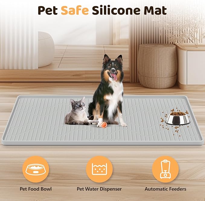 Silicone Cat & Dog Food Mat, 36" x 24" Large Pet Feeding Mat for Cats and Dogs Bowl, Pet Placemat for Food and Water with Raised Edge, Waterproof, Leakproof (Grey)