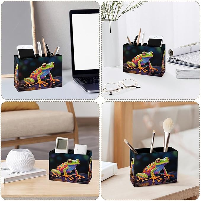 Famame Colorful Frog Pencil Holder for Desk, Leather Desktop Container Pen Cup Storage Study Table Pen Organizer Makeup Brush Holder for Classroom Office Home