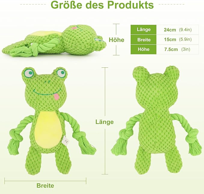 TONYFY Dog Toys, Dog Squeaker Toys with Crinkle Paper, Stuffed Animal Dog Plush Chewing Toy, Cotton Rope Interactive Toys for Puppy, Small, Middle Dogs (Green Frog)