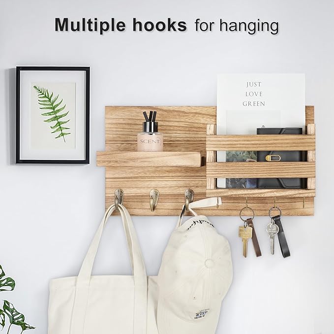Lwenki Mail Organizer for Wall Mount – Key Holder with Shelf Includes Letter Holder and Hooks for Coats, Dog Leashes – Rustic Wood with Flush Mounting Hardware (16.5” x 8.7” x 3.5”) (Wood)