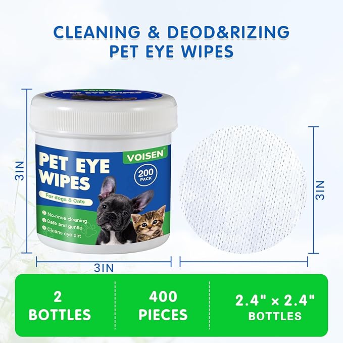 VOISEN 400Pcs Eyes Wipes for Dogs, Pet Tear Stain Remover Wipes, Care Eye Wash Pads for Dogs and Cats, Face, Eye Cleaner Pads to Gently Remove Discharge, Eye Wipes for Dogs & cat Eye Wipes