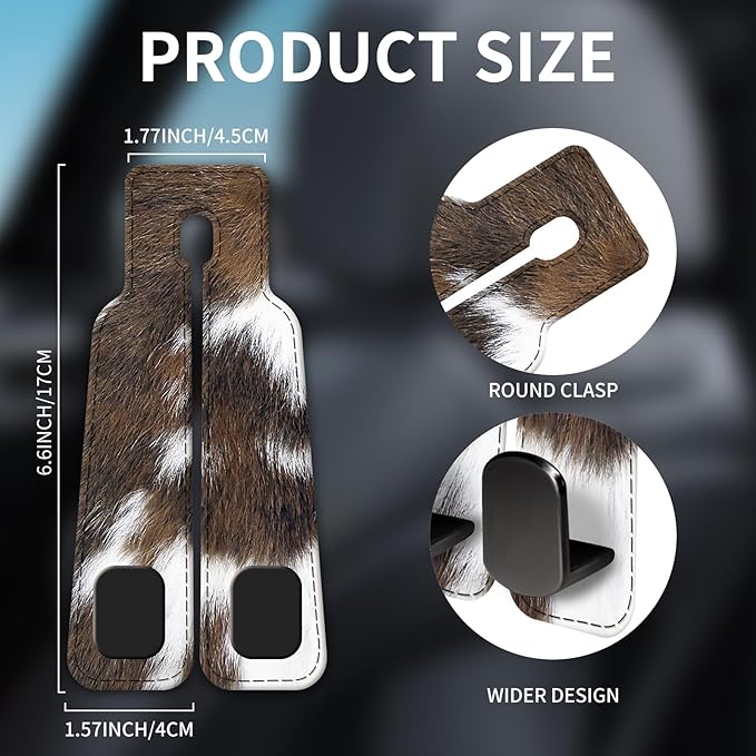 Car Seat Headrest Hook, Universal Leather Cute Hanger Holder Hook, Storage Organizer Interior Accessories for Purse Bags Handbag Brown White Cowhide