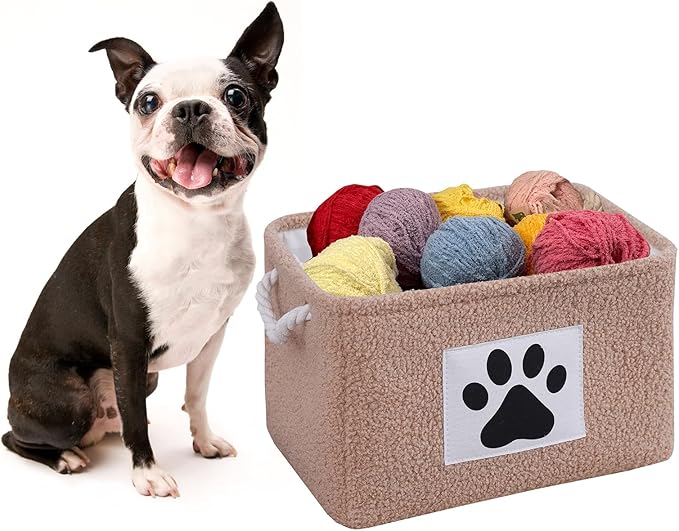 COMFY-HOMI 2Pcs Dog Toy Basket with Metal Collapsible Pet Toy Storage Organizer with Handles-Soft Polyester Fleece Fabric Bin Storage Basket for Shelves, Toys Storage 15"x10.2"x9.5"-Coffee Brown