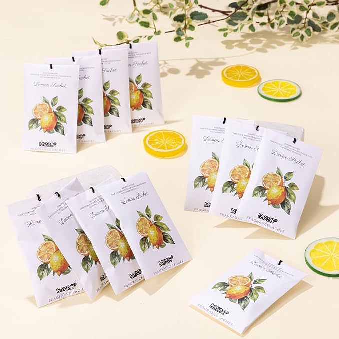 MYARO 12 Packs Lemon Scented Sachets for Drawer and Closet - Long Lasting Bathroom Odor Deodorizer Fresh Scents Car Air Refrehener Home Fragrance