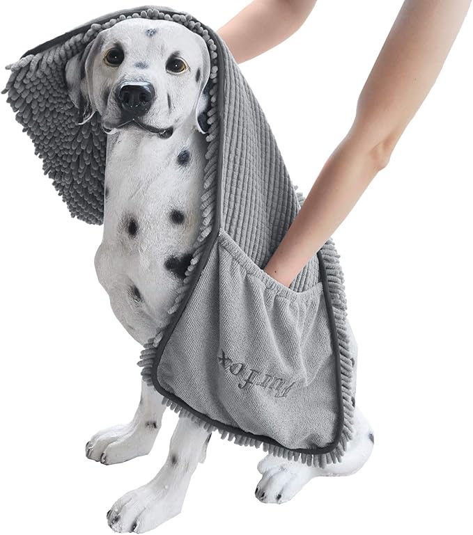 Furfox Absorbent Dog Towel, Microfiber Quick Drying Towel Machine Washable with Hand Pockets - Medium Large Dog 35 x 15'