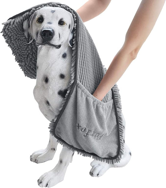 Furfox Absorbent Dog Towel, Microfiber Quick Drying Towel Machine Washable with Hand Pockets - Medium Large Dog 35 x 15'