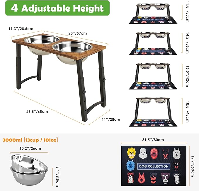 TIDANT Elevated Dog Bowls for Large Extra Large Dogs with Mat, 4 Height Adjustable, 2 Stainless Steel Dog Bowls 3000ml,101oz