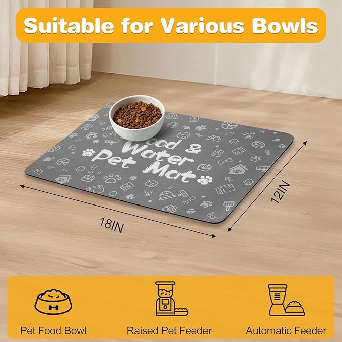 Pet Feeding Mat,Dog Cat Mat for Food and Water,Dog Bowl Waterproof Placemat with Rubber Backing,Absorbent Quick Dry Water Dispenser Mat for Pet（Dark Gray 12"×18"）
