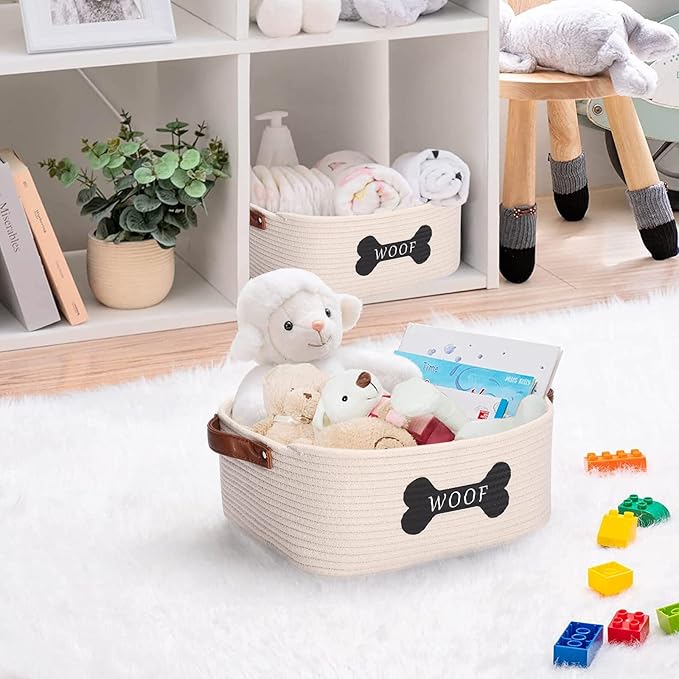 Cotton Rope Dog Toy Storage Basket Medium, Dog Toy bin with Handle,Dog Stuff Organizer - Perfect for organizing pet Toys, Blankets, leashes, Pee mats and Diapers,Nursery Decor Basket-Beige
