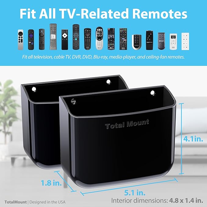 TotalMount Hole-Free Remote Holders – Eliminate Need to Drill Holes in Your Wall (For 2 or 3 Remote Controls – Black – Quantity 2)