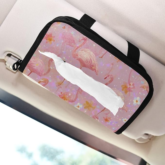 Car Tissue Holder Car Napkin Holder Car Tissue Box Dispenser Storage Case Sun Visor Mask Holder with Adjustable Straps Reusable Refillable Pink Gradient Flamingo and Petals