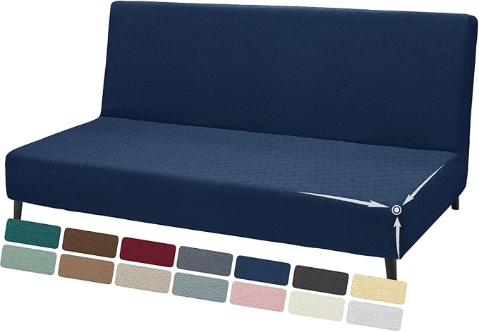 ZNSAYOTX Stretch Fit Futon Cover (67"-82") Armless Futon Sofa Bed Slipcover with Elastic Band, Universal Foldable Sofa Mattress Protector Full Queen Size, Washable Comfort Jacquard (Navy Blue)