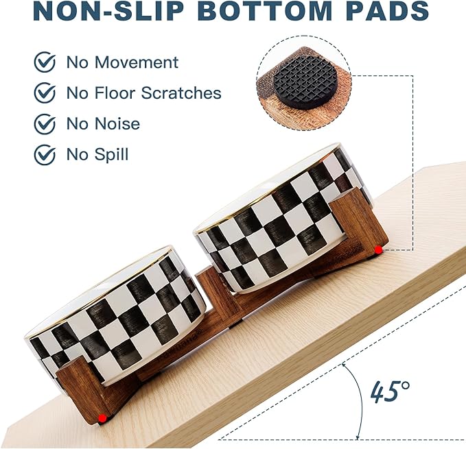 Ceramic Dog Bowls for Medium Dogs, 3.5 Cup Checkered Dog Food and Water Bowl with Acacia Wood Stand, Non-Slip Anti-Tip Elevated Feeding Station, Black and White