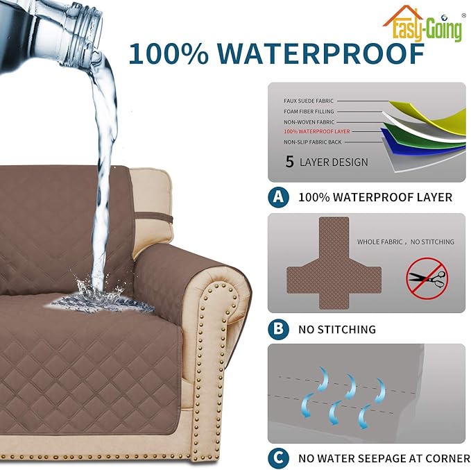 Easy-Going Sofa Slipcover Waterproof Couch Cover for 3 Cushion Couch Sofa Cover Furniture Protector Cover Pets Covers Washable Non-Slip Fabric Pets Kids Children Dog Cat (Sofa, Brown)