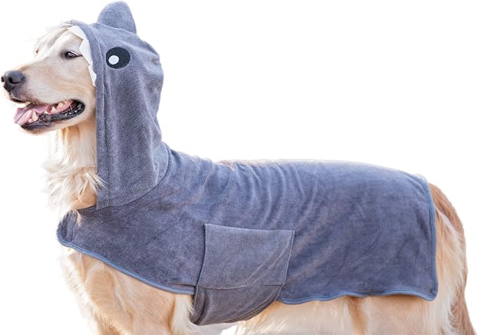 BoxDog Wearable Microfiber Dog Towel with Monster or Shark Hoodie | Soft Dog Bathrobe (Medium, Grey Shark)