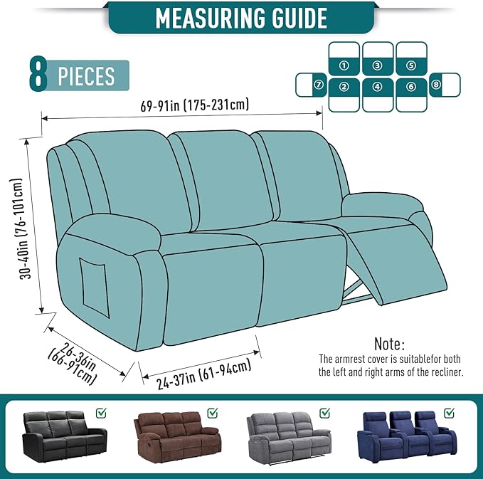 TAOCOCO Recliner Sofa Covers 8-Pieces Stretch Large Couch Covers for 3 Seats Reclining Slipcovers Soft Jacquard Pattern Furniture Protector (Peacock Blue)