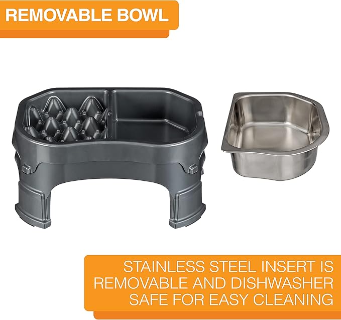 Neater Pet Brands – Neater Raised Slow Feeder Dog Bowl – Elevated and Adjustable Food Height - (Double Diner/w Metal Bowl, Gunmetal)