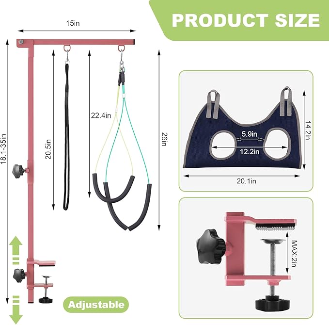 Home Dog Grooming Table Arm with Hammock 35" Height Adjustable Dog Grooming Arm with Clamp No-Sit Haunch Holders Durable Pink(Grooming Table Not Included)