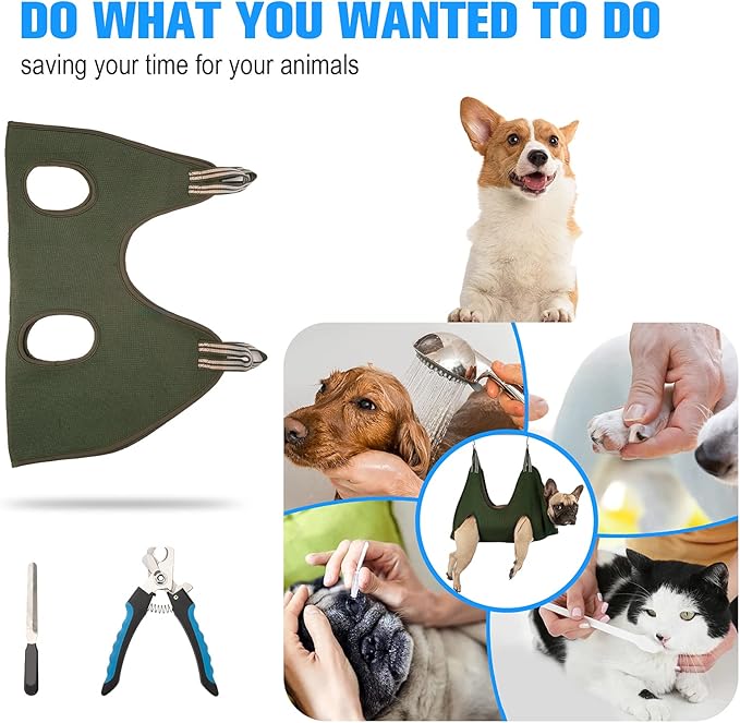 10 in 1 Pet Grooming Hammock Harness with Nail Clippers/Trimmer, Nail File, Comb,Dog Nail Hammock, Dog Grooming Sling for Nail Trimming/Clipping (XXXL/Under 140lb, Khaki Green)