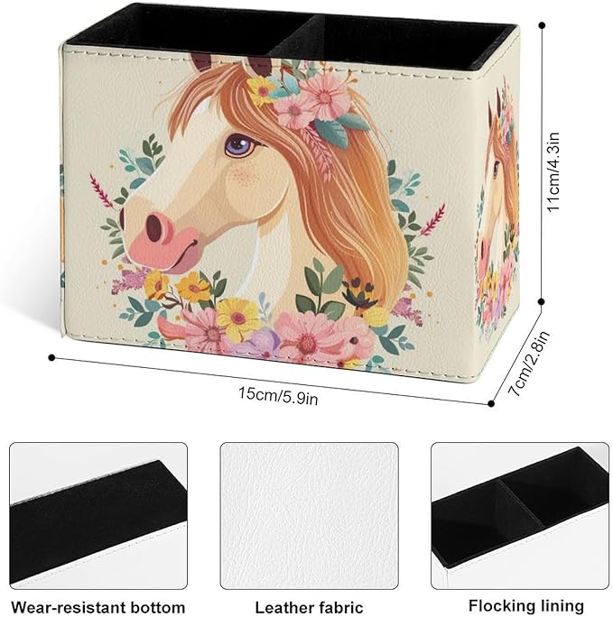 Famame Cartoon White Horse Wreath Pencil Holder for Desk, Leather Desktop Container Pen Cup Storage Study Table Pen Organizer Makeup Brush Holder for Classroom Office Home