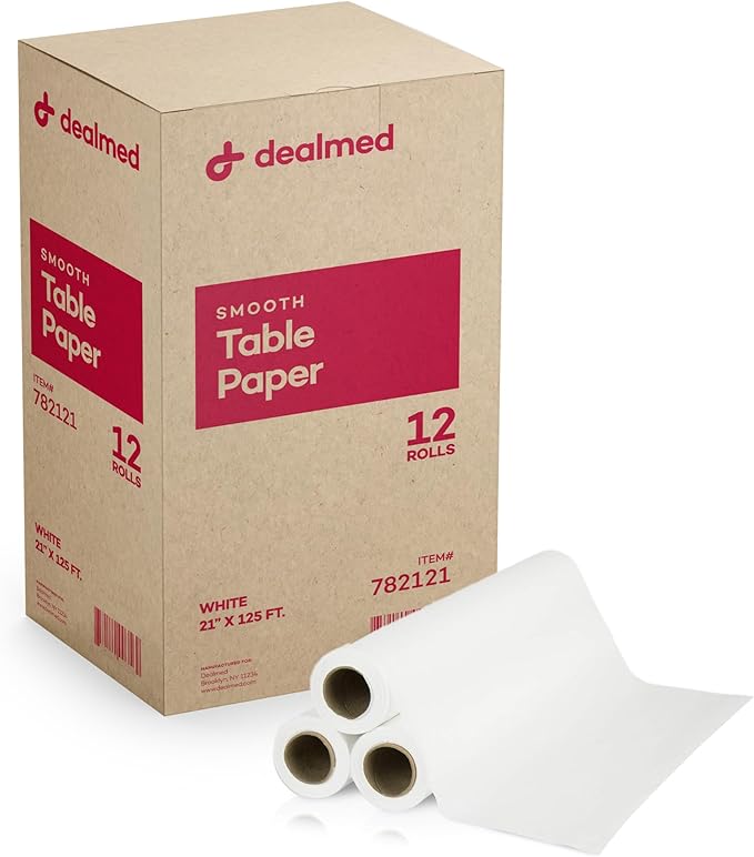Dealmed Medical Exam Table Paper Roll | Disposable Covers for Doctors, Physicians, Diaper Changing, Waxing, Chiropractor, Tracing, Drawing, Coloring | Smooth, White, 21" x 125', 12 Rolls/Case