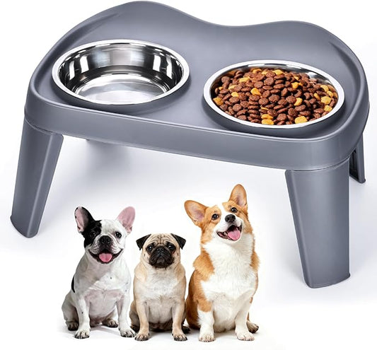 Petizer Small Sized Elevated Dog Bowls, No Spill Pet Feeder, Raised Bowl Stand with 2 Thick 35OZ Stainless Steel Food and Water Bowl Set, Grey (for Small/Medium Dogs)