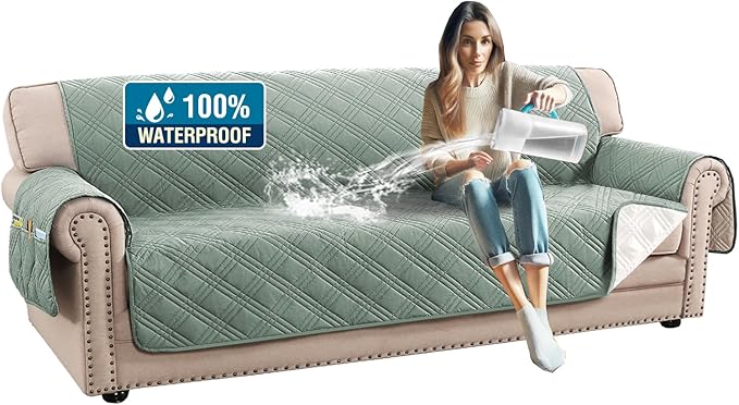 H.VERSAILTEX 100% Waterproof Sofa Covers for 3 Cushion Couch Modern Sofa Cover for Dogs XL Couch Covers for Oversized Sofa with Elastic Straps (Oversized Sofa, Lily Pad/Beige)
