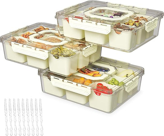 REBECAT Divided Serving Tray with Lid and Handles 9 Compartments Snack Box Container Charcuterie Organizer Snackle Box Container for Candy,Nuts，Fruits,Snacks,3 Pack,Beige