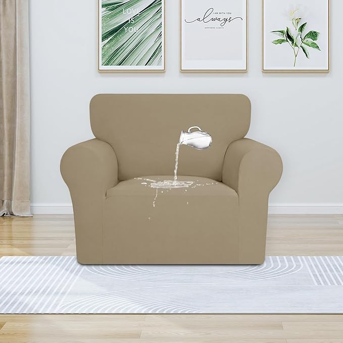 PureFit 100% Dual Waterproof Couch Cover Slipcovers for Couches and Sofas - Stretch Non Slip Fleece Sofa Covers Washable, Leakproof Furniture Protector for Kids, Pets, Dog (Chair, Natural)