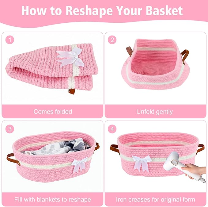 Empty Woven Gift Basket with Handles, 14"x10"x5.5" Mothers Day Gift Basket, Storage Wicker Basket for DIY, Birthday Valentines Day Gift Baby Pet Shower Storage (Pink)