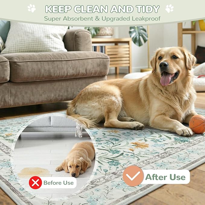 Lahome Washable Reusable Pee Pads for Dogs - Beige Botanical Floral 2 Pack Puppy Pads, Super Absorbent & Waterproof Training Mats for Crate & Floor - Leakproof with Non-Slip Backing (36"x48")