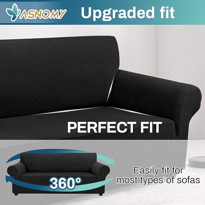 Asnomy Couch Covers for 3 Cushion Couch Stretch Sofa Covers Slipcovers, Pet Protector Furniture Covers for Dogs Cats Spandex Jacquard Fabric Small Checks （X-Large， Black）