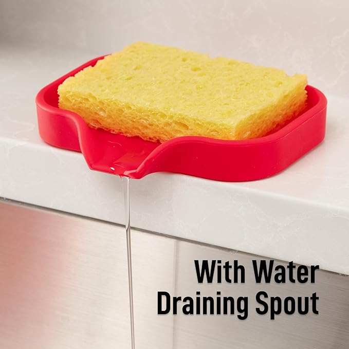 Zulay Kitchen Small Silicone Sponge Holder (4.9x3.3”) – Space-Saving Sink Organizer Tray for Sponge, Soap, Brush & More – Compact Non-Slip Dish for Kitchen & Bathroom (Red)
