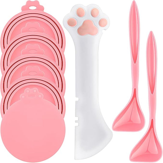 Uiifan Cat Food Lid Cat Food Can Covers Lids 8 Pcs Pet Can Supplies Set 5 Silicone Wet Kitten Foodstuff Tin Covers Lids 2 Silicone Dog Spoons 1 Paw Shape Multifunctional Opener for Pets(Pink)