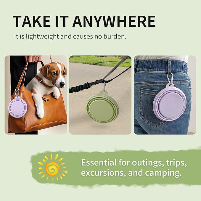 Collapsible Dog Bowls 2-Pack, Portable Travel Dog Bowl with Carabiner, Food-Grade Silicone Pet Bowl for Hiking, Walking(Macaron Violet and Green)
