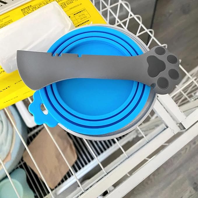 4 Pcs Pet Cans Supplies Set, Cat Food Can Lid Cover with Cute Paw Shape Opener Spatula Pet Wet Food Spoon Silicone Can Lids for Kitten Dog Cans