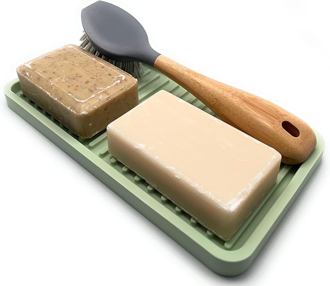 Happitasa Silicone Kitchen Sink Organizer Tray, Sponge Holder and Countertop Protector | Bathroom and Kitchen Soap Dish and Dispenser Tray (Pistachio, 10"x5.25")