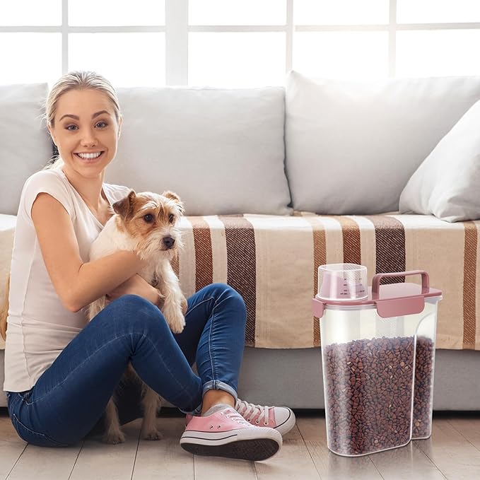 LEAWALK 5-7Lbs Cat Dog Storage Container, Portable Pet Food Containers with Upgraded Large Spout and Cup, Small Animal Kibble Dispenser for Bird Seed, Oatmeal, Rice, Flour (1, Pink, 5L)