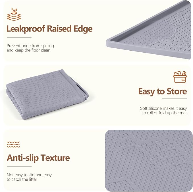 Bartuke Large Cat Litter Mat with Toy Ball, 38'' x 25'' Silicone Cat Litter Trapping Mat for Scatter Control, Soft on Kitty Paws, Easy to Clean (Light Grey)