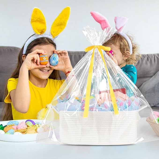 OIAHOMY 19L Woven Basket, Gift Basket Empty with Gift Bags Ribbons and Wrap Tissue Paper, Rope Baskets for Baby Showers, Storage Baskets with Handles for Nursery Pet Toy Organizer - Easter White